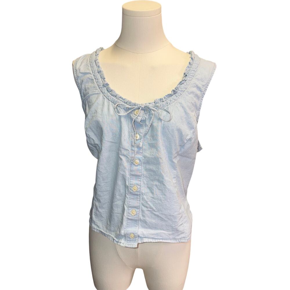 Light Blue Sleeveless Ruffle-Trim Button Front Top